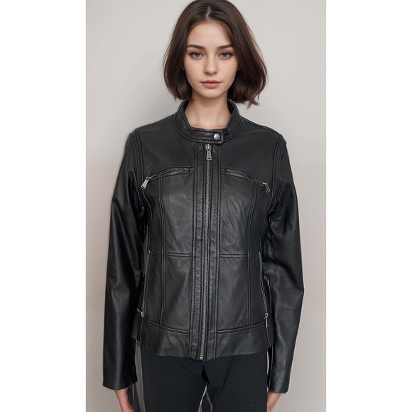 Michael Kors Leather Jacket Women's Sz M Black Moto Style Full Zip - Picture 1 of 9